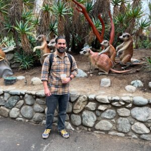 Man in yellow flannel top at the Los Angeles Zoo